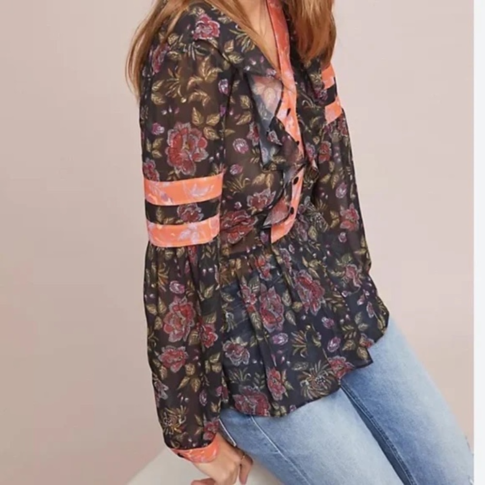 Anthropologie Floral Blouse - Black and Pink